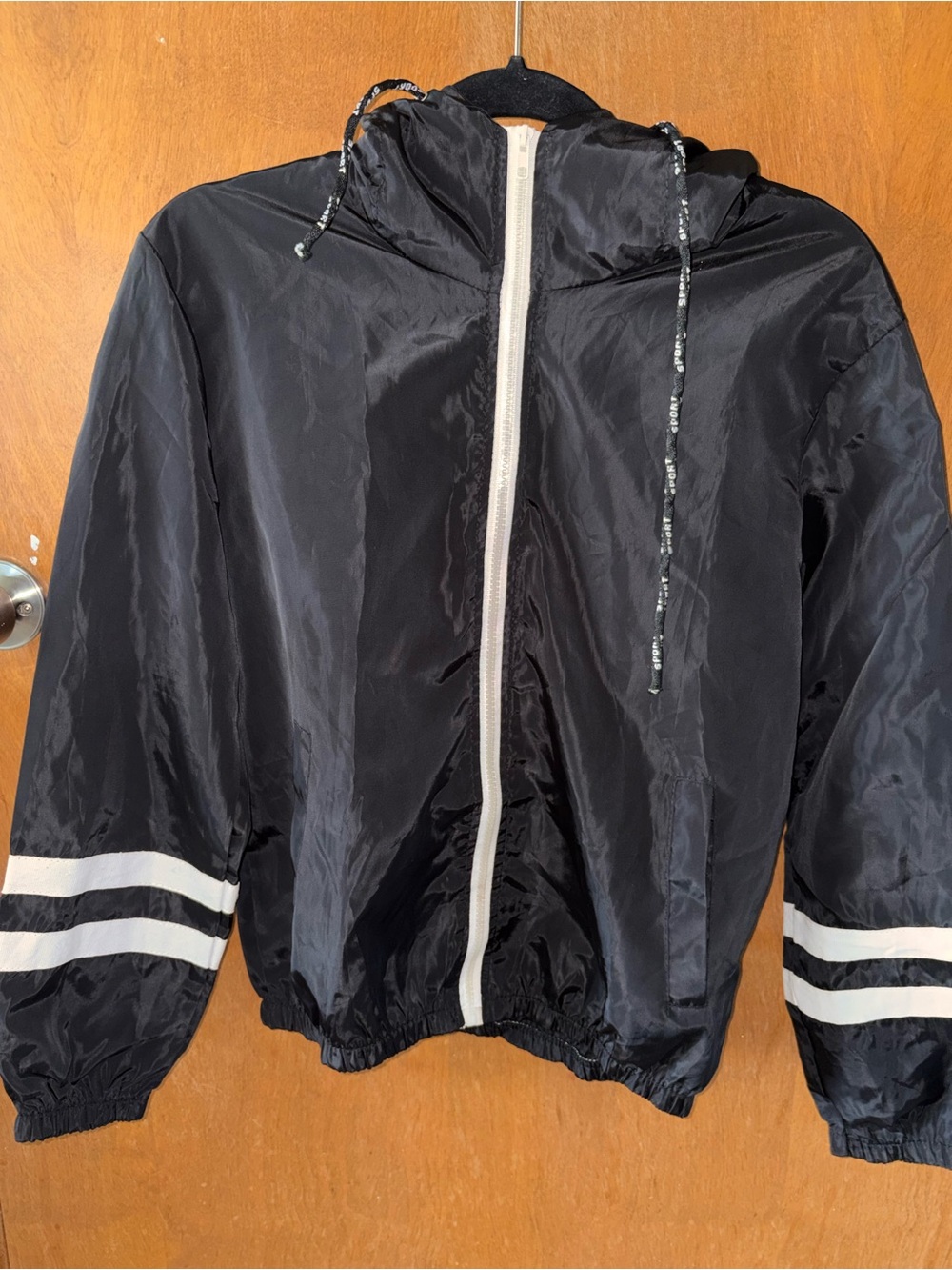 Men's Black Hooded Windbreaker Jacket with White Trim